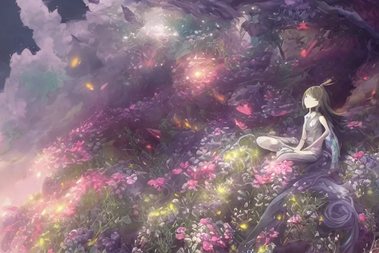 Prompt: dynamic composition, motion, ultra - detailed, incredibly detailed, a lot of details, amazing fine details and brush strokes, colorful and grayish palette, smooth, hd semirealistic anime cg concept art digital painting, watercolor oil painting of sea of flowers, in style of cytus and deemo, blue flame, relaxing, calm and mysterious vibes