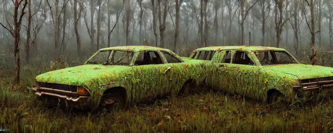 Image similar to hyperealistic painting of an australian landscape, abandoned holden covered with moss. by Simon Stålenhag !