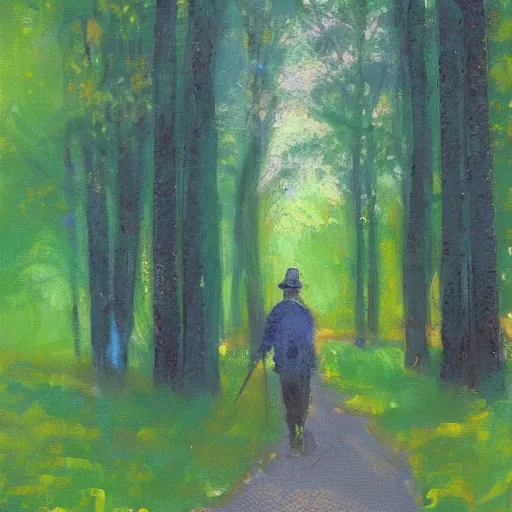 Image similar to A man walking on a path in the woods, he’s holding a flashlight, impressionist art