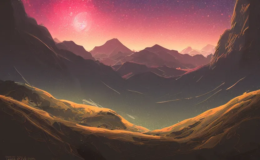 Prompt: mountains, stars and paisley filled sky, artstation, intricate, highly detailed, digital painting, concept art, sharp focus, illustration by Yoshitaka Amano and James Gilleard