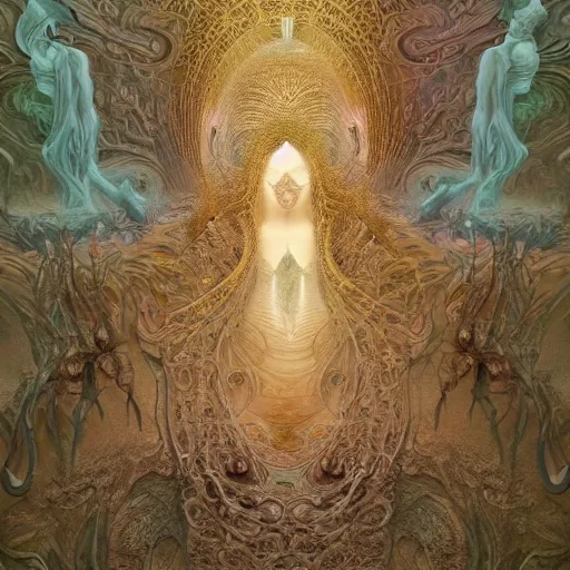 Image similar to epic alien landscape by alexander mcqueen, zdzisław beksinski and alphonse mucha. highly detailed, hyper - real, very beautiful, intricate fractal details, very complex, opulent, epic, mysterious, trending on deviantart and artstation