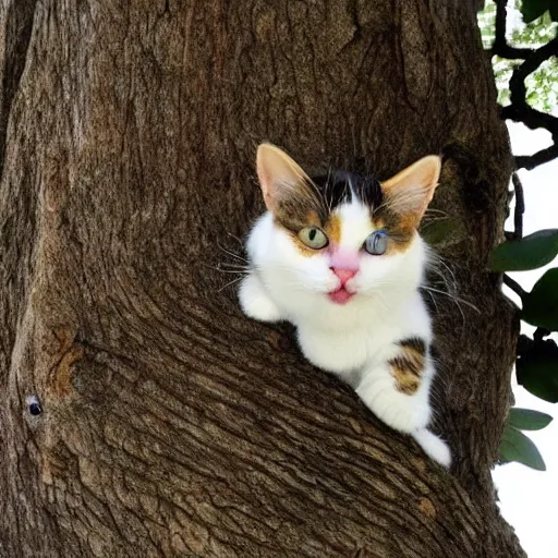 Prompt: - Many Different Cats Climbing Large Tree