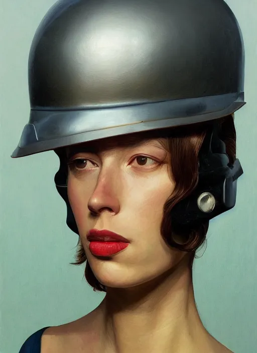 Prompt: rebecca hall portrait wearing art deco metal helmet by edward hopper and james gilleard, zdzislaw beksinski, highly detailed