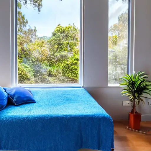 Prompt: a room with a blue bed in the corner, with a window next to the bed, plants in the window, sunlight coming through the window, wooden walls and a lava lamp, light reflections, professional photo