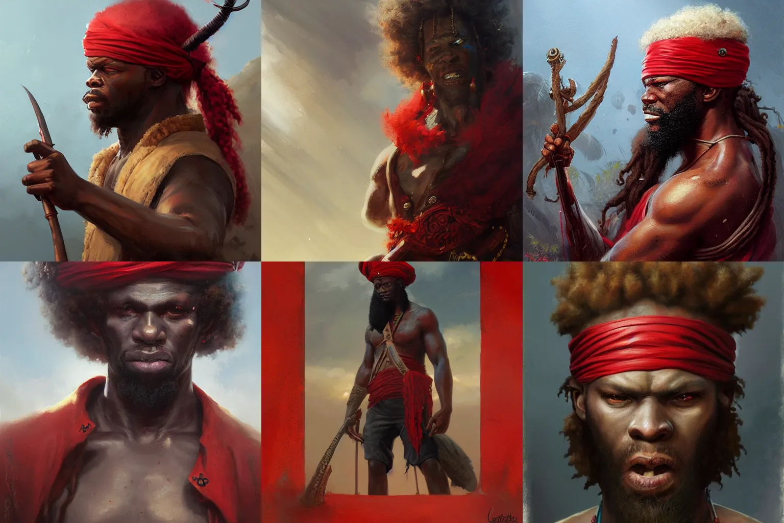 Prompt: very detailed painting of an african albino pirate with red headband and curly hair, featured in artstation, concept art by Greg Rutkowski, WLOP, Dan Mumford, Christophe Vacher