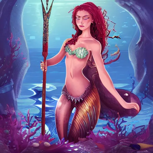 Image similar to fantasy mermaid warrior holding a sharp trident, sea background with sea weeds and small sea creatures, fantasy game art