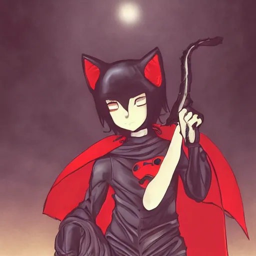 Prompt: little boy with cat ears in an black latex suit with red cape. digital artwork made by lois van baarle and kentaro miura, sharpness focus, inspired by hirohiko araki, anatomically correct, heroic composition, hero pose, dark city