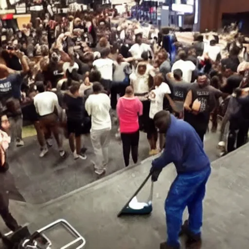 Prompt: 5 0 cent cleaning floor mobbing