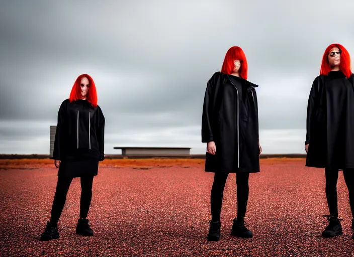 Image similar to photographic portrait of 2 clones in front of a brutalist metal building, 2 techwear women, on a desolate plain, red sky, black oversized clothes, sigma 8 5 mm f / 1. 4, 4 k, depth of field, high resolution, 4 k, 8 k, hd, full color