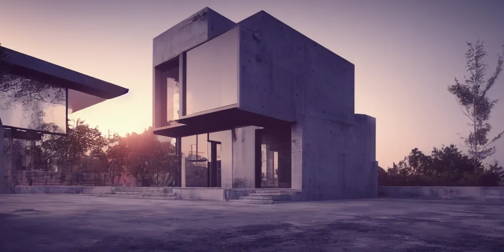 Prompt: a modern concrete house, brutalism, a view of a city, sunset, photorealism, beautiful, cinematic dramatic atmosphere, volumetric cinematic perfect light, detailed octane render trending on artstation, 8 k, by chris hytha and jag studio
