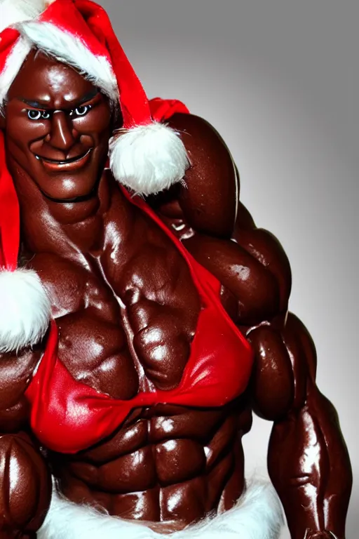 Image similar to muscular chocolate santa claus, chocolate santa claus bodybuilder, christmas sweet, photorealistic, highly detailed,