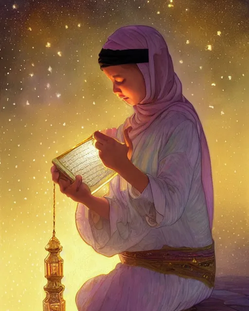 Image similar to bedouin child reading the quran inside of the mosque in the galaxy surrounded by nebula, highly detailed, gold filigree, romantic storybook fantasy, soft cinematic lighting, award, disney concept art watercolor illustration by mandy jurgens and alphonse mucha and alena aenami, pastel color palette, featured on artstation