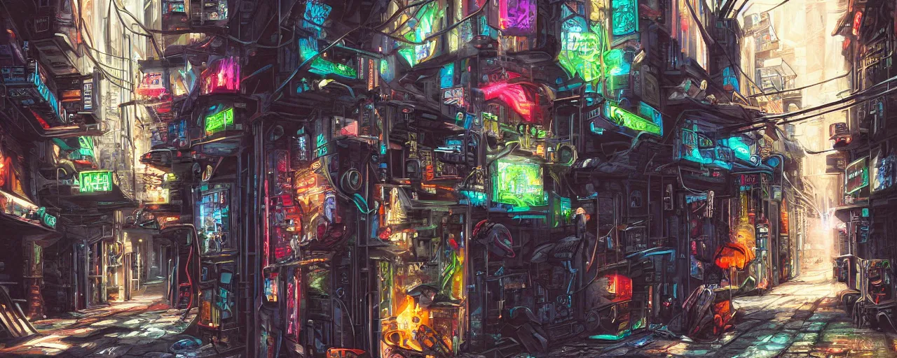 Prompt: airbrushed painting of a cyberpunk alleyway