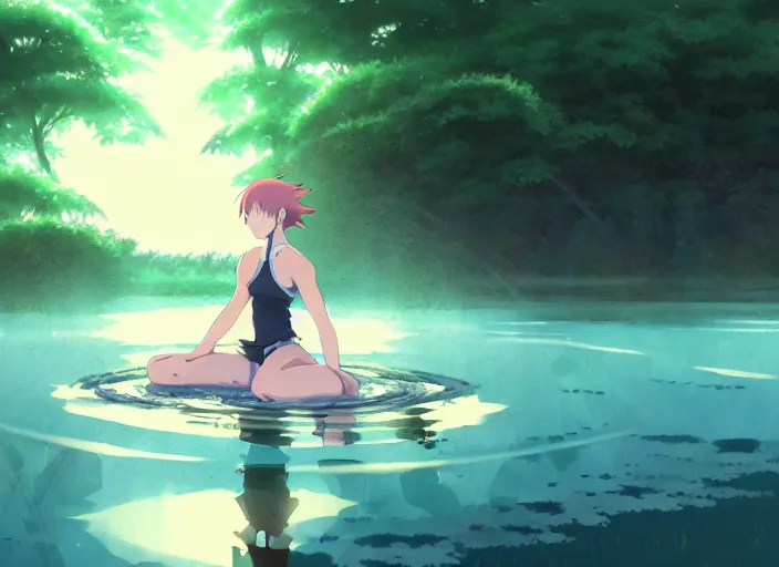 Image similar to portrait of hinata training in a pond at night, rule of thirds, illustration concept art anime key visual, trending pixiv fanbox by wlop and greg rutkowski and makoto shinkai and studio ghibli and kyoto animation