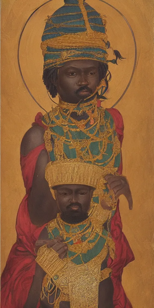 Image similar to a stunning and noble highly detailed romantic period style portrait of mansa musa by charles sillem lidderdale, trending on artstation, oil painting masterpiece, symmetry, mysterious, very very very aesthetic, african iconography