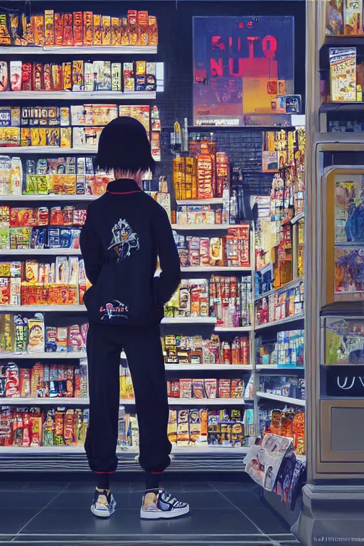 Prompt: A ultradetailed beautiful panting of a stylish girl wearing streetwear standing in a convenience store, Oil painting, by Ilya Kuvshinov, Greg Rutkowski and Makoto Shinkai