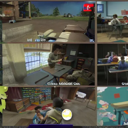 Prompt: screenshot of video game, call of duty, inside elementary school, children are sat down learning in the classroom