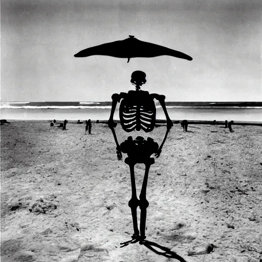 Prompt: a skeleton walking on a beach next to the ocean, nuclear bomb explosion in the background, a surrealist painting by Storm Thorgerson, featured on cg society, nuclear art, surrealist, apocalypse landscape, chillwave