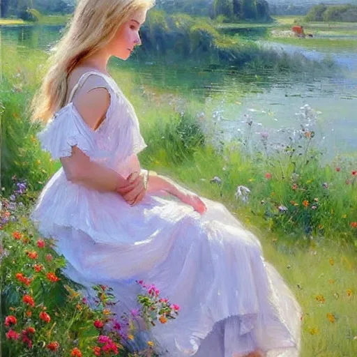 Prompt: blonde woman, dress, swedish countryside, archipelago, morning, masterpiece, highly detailed, beautiful, atmospheric, impressionism, painting by Vladimir Volegov