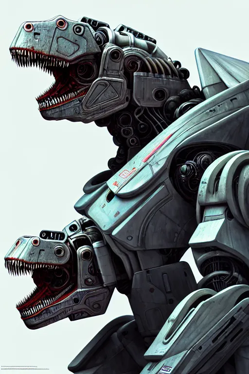 Image similar to trex in a cyborg mech suit, by alexandre ferra, zezhou chen, peter gric, mohamed reda and hr giger, hyper detailed, screen print, character concept art, hyperrealism, coherent, cgsociety, zbrush central, behance hd, hypermaximalist