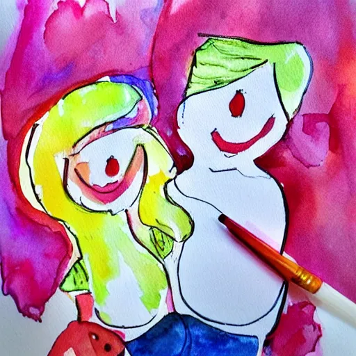 Prompt: happy smiling faces + water Color paint + line drawing ::