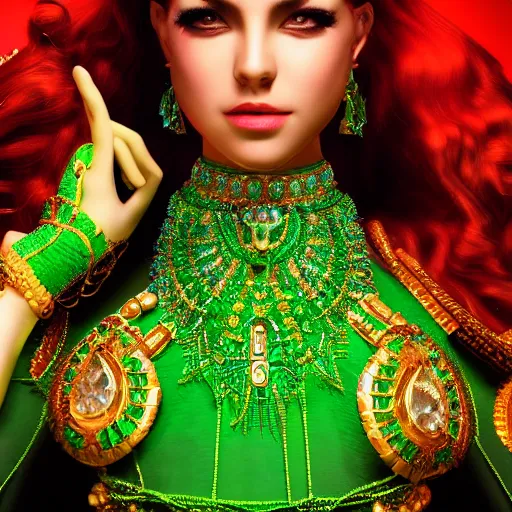 Prompt: photo of wonderful princess of emerald with fair skin, glowing, ornate and intricate green jewelry, jaw dropping beauty, eyepopping colors, dynamic lighting, glowing background lighting, green accent lighting, intricate and detailed, award winning photography, 4 k octane render