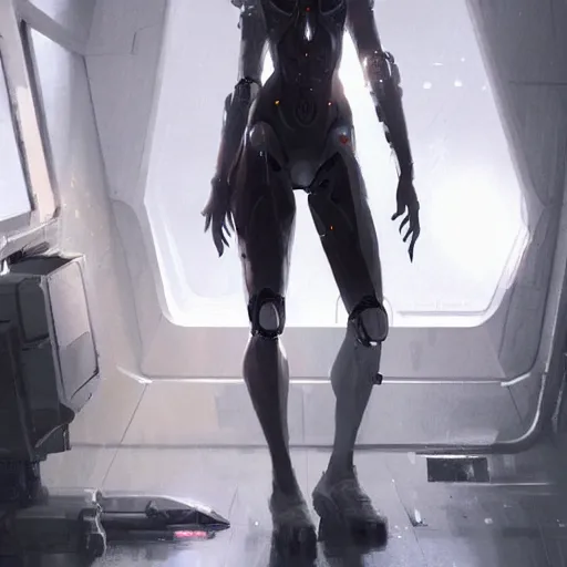 Prompt: concept art by greg rutkowski, female cyborg in a room from the spaceship, high tech and futuristic white walled environment, unnatural lighting, uncanny atmosphere, frightening and creepy atmosphere, scifi, highly detailed portrait, digital painting, artstation, concept art, smooth, sharp foccus ilustration, artstation hq