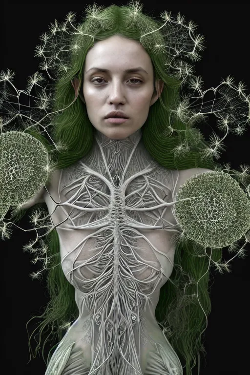 Image similar to intricate hyper detailed ultra sharp 3 d render of a witch profile close - up!!! portrait, art nouveau, alexander mcqueen, transparent fractal dandelion green ivy roots, moon in the background, intricate details, anatomical, flesh ornate, facial muscles, cable wires, elegant, hyper realistic, ultra detailed, octane render, volumetric cinematic lighting, 8 k post - production