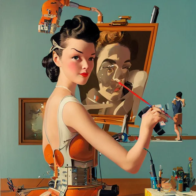 Prompt: robot artist painting a self - portrait on a canvas. intricate, highly detailed, digital matte painting, in the style of sachin teng, and in the style of gil elvgren. irony, recursion, inspiration.