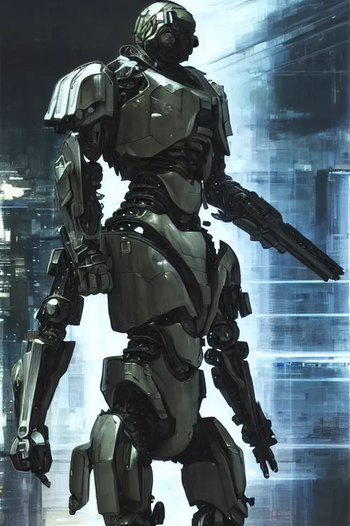 Prompt: a futuristic cybernatic armored soldier, led lights, painting by greg ruthowski, alphonse murac, yoshikata amano, yoji shinkawa, wlop, craig mullins, collaborative artwork, exquisitely high quality and detailed