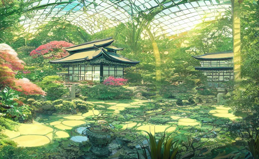 Prompt: japanese garden, forest, pool, huge greenhouse, sunny bay window, indoor, architecture, highly detailed, digital painting, artstation, art nouveau, concept art, sharp focus, illustration