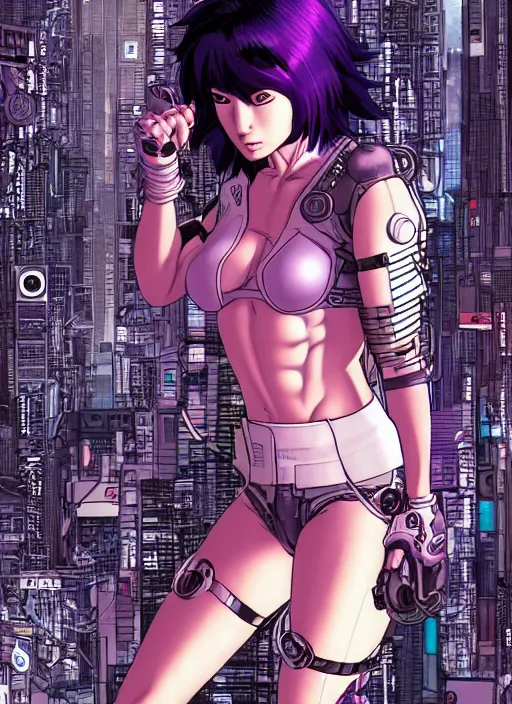 Image similar to motoko kusanagi in grungy cyberpunk megacity, intricate and finely detailed, cyberpunk vaporwave, portrait by j scott campbell, phil jimenez, ilya kuvshinov