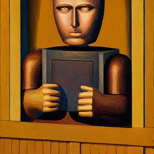 Image similar to super - intelligent robot with kind eyes portrait, in a photo booth, grant wood, pj crook, edward hopper, oil on canvas