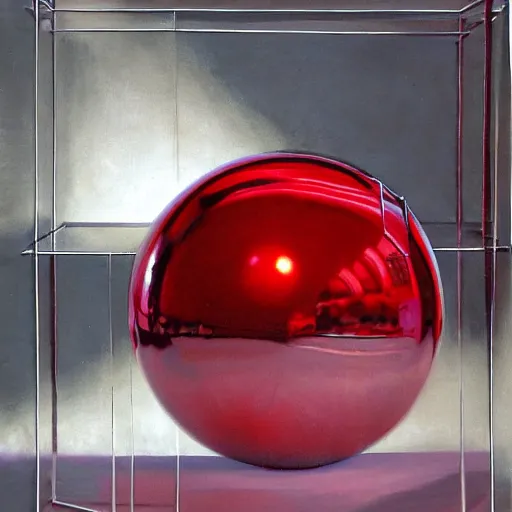Prompt: chrome spheres on a red cube by douglas trumbull
