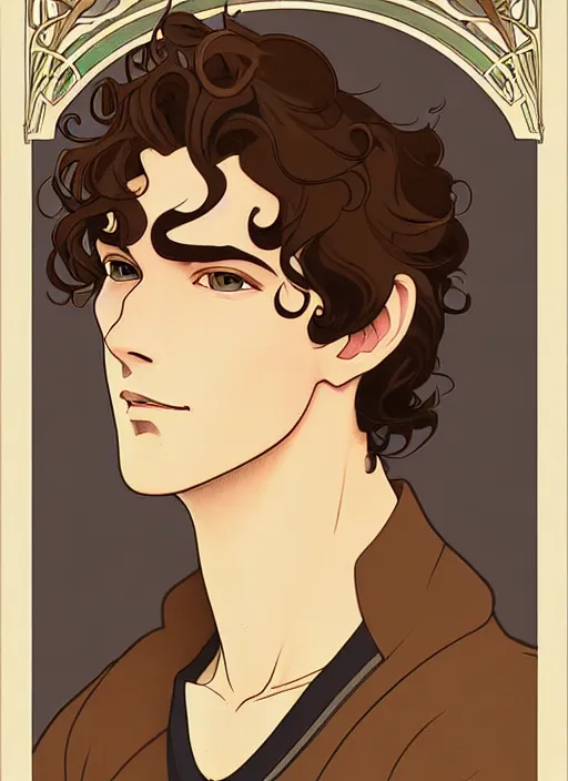 Image similar to art nouveau portrait of a handsome young man with curly medium length very messy light brown hair, brown eyes, aloof, t - shirt, natural lighting, path traced, highly detailed, high quality, cartoon, digital painting, by don bluth and ross tran and studio ghibli and alphonse mucha