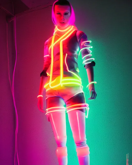 Image similar to full body shot of young punk woman dressed in futuristic cyberpunk clothing, colorful, night, soft neon light, bjork aesthetic, translucent, by rineke dijkstra and artgerm, intricate details, highly detailed, masterpiece, 8 5 mm