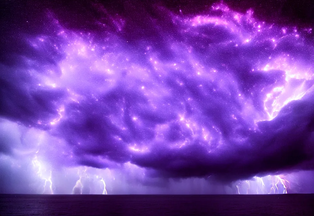 Image similar to purple color lighting storm with stormy sea close up of a pirate ship firing its cannons trippy nebula sky with dramatic clouds painting by banksy