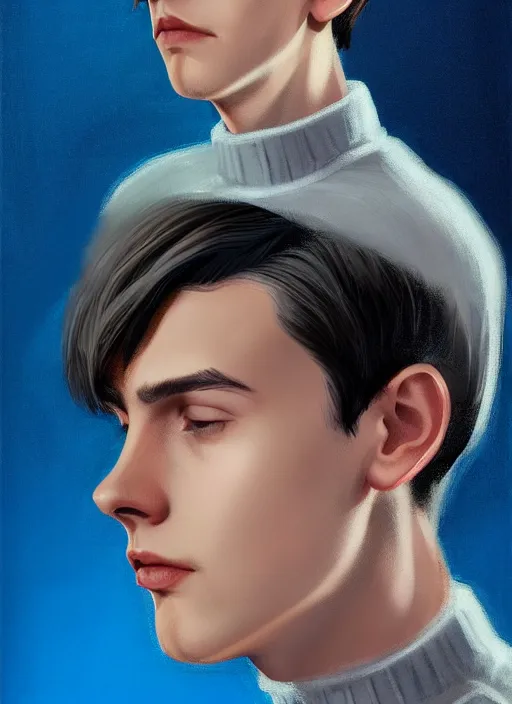 Image similar to portrait of teenage jughead jones wearing a light grey crown, crown, blue turtleneck, 1 9 5 0 s, closed eyes, photorealistic, black hair, glowing lighting, intricate, elegant, glowing lights, highly detailed, digital painting, artstation, concept art, smooth, sharp focus, illustration, art by wlop, mars ravelo and greg rutkowski