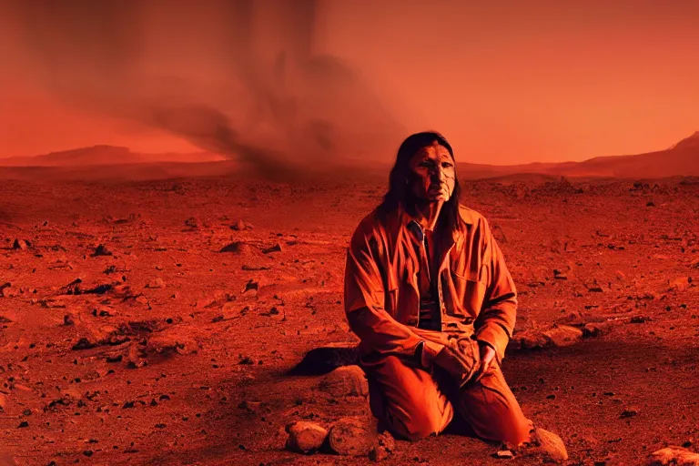 Prompt: picture spiritual native american man sitting on mars looking to the sky, realism, photograph, vibrant colors, red lighting, mist, smoke, complex background,