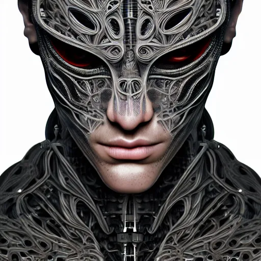 Image similar to ultra realist intricate detailed painting of a single attractive cyborg male, black scales on face and cyborg tech on body, symmetry accurate features, very intricate details, focus, high resolution, 4 k, artstyle alex ries and hiraku tanaka, award winning