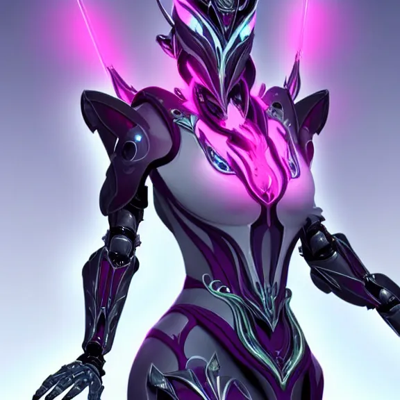 Image similar to highly detailed exquisite fanart, of a beautiful female warframe, but as an anthropomorphic elegant robot female dragoness, glowing eyes shiny, and smooth off-white plated armor, bright Fuchsia skin beneath the armor, sharp claws, long sleek tail behind, robot dragon hands and feet, standing elegant pose, close-up shot, full body shot, epic cinematic shot, professional digital art, high end digital art, singular, realistic, DeviantArt, artstation, Furaffinity, 8k HD render, epic lighting, depth of field