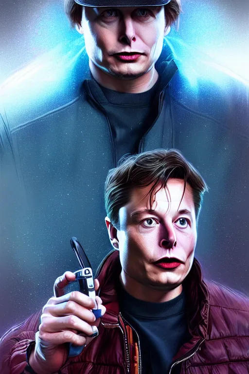 Image similar to elon musk as marty mcfly near delorean, realistic portrait, symmetrical, highly detailed, digital painting, artstation, concept art, smooth, sharp focus, illustration, cinematic lighting, art by artgerm and greg rutkowski and alphonse mucha