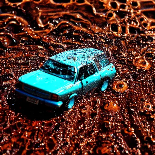 Image similar to macro photography of a hot wheels car driving through a puddle, 3 5 mm