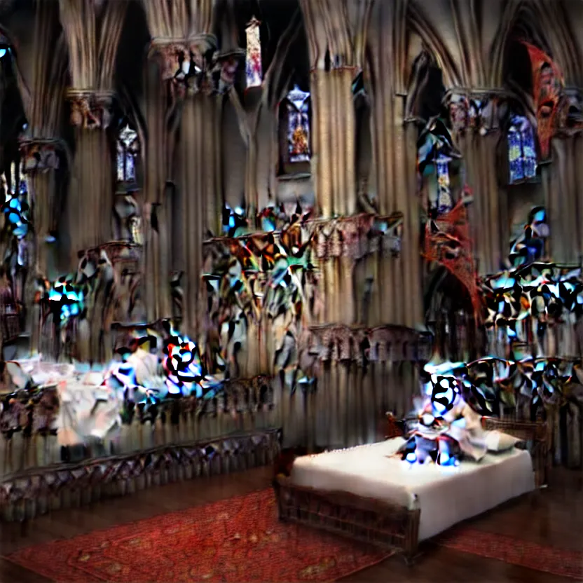 Image similar to a child sitting in a bed, screaming. the bed is inside a gothic cathedral. under the bed is a hideous laughing demon dressed as a catholic priest. religious symbols, digital art, hyperrealistic nightmare, terrifying, supernatural, highly detailed, creepy