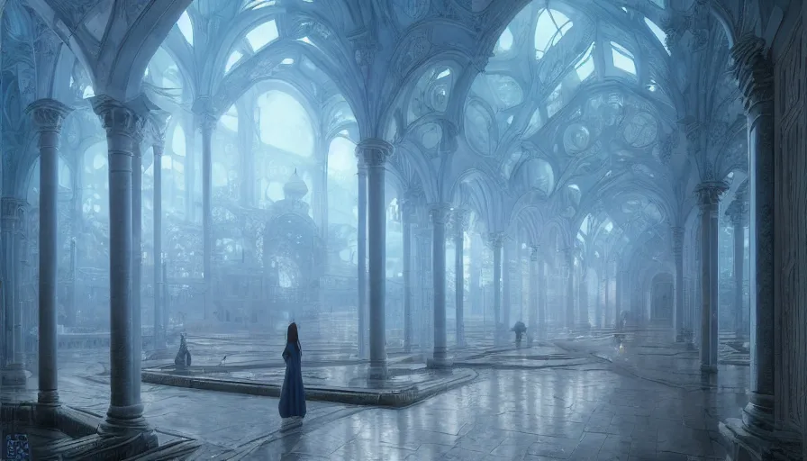 Image similar to vanishing point, palace like the kremlin covered aqua blue roses, viewed from afar, stephen bliss, misty, unreal engine, fantasy art by greg rutkowski, loish, ferdinand knab, and lois van rossdraws,, global illumination, radiant light, minimalist, detailed and intricate environment