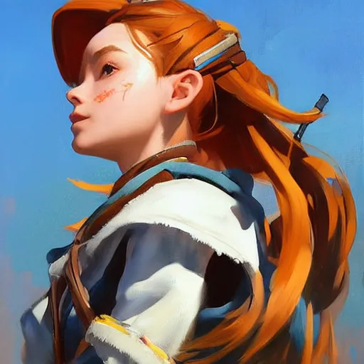 Image similar to greg manchess portrait painting of a aloy as overwatch character, medium shot, asymmetrical, profile picture, organic painting, sunny day, matte painting, bold shapes, hard edges, street art, trending on artstation, by huang guangjian and gil elvgren and sachin teng