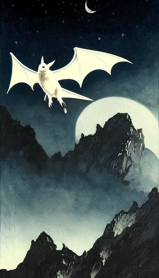 Image similar to a white bat, flying against a dark black night sky, mountain in the background, moonlight, denoised, very detailed, painted by, norman rockwell, tom bagshaw