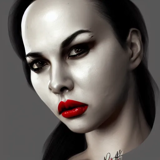 Image similar to angry and disgruntled mom, detailed face with red lips, black eyes and large forehead, detailed body, moody atmosphere, digital art, highly detailed, high contrast, beautiful lighting, award winning, trending on art station, photorealistic, 8 k,