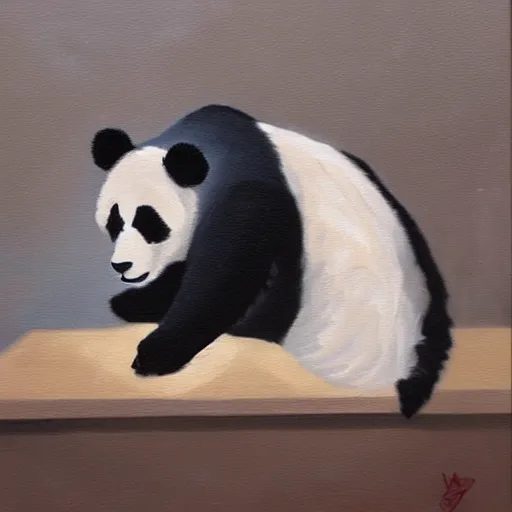 Image similar to oil painting of a sad panda that sits on a flat bench alone and sad with gym pants