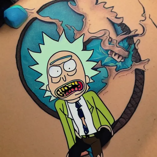 Prompt: rick and morty full body tattoo. tattoo artists portfolio.